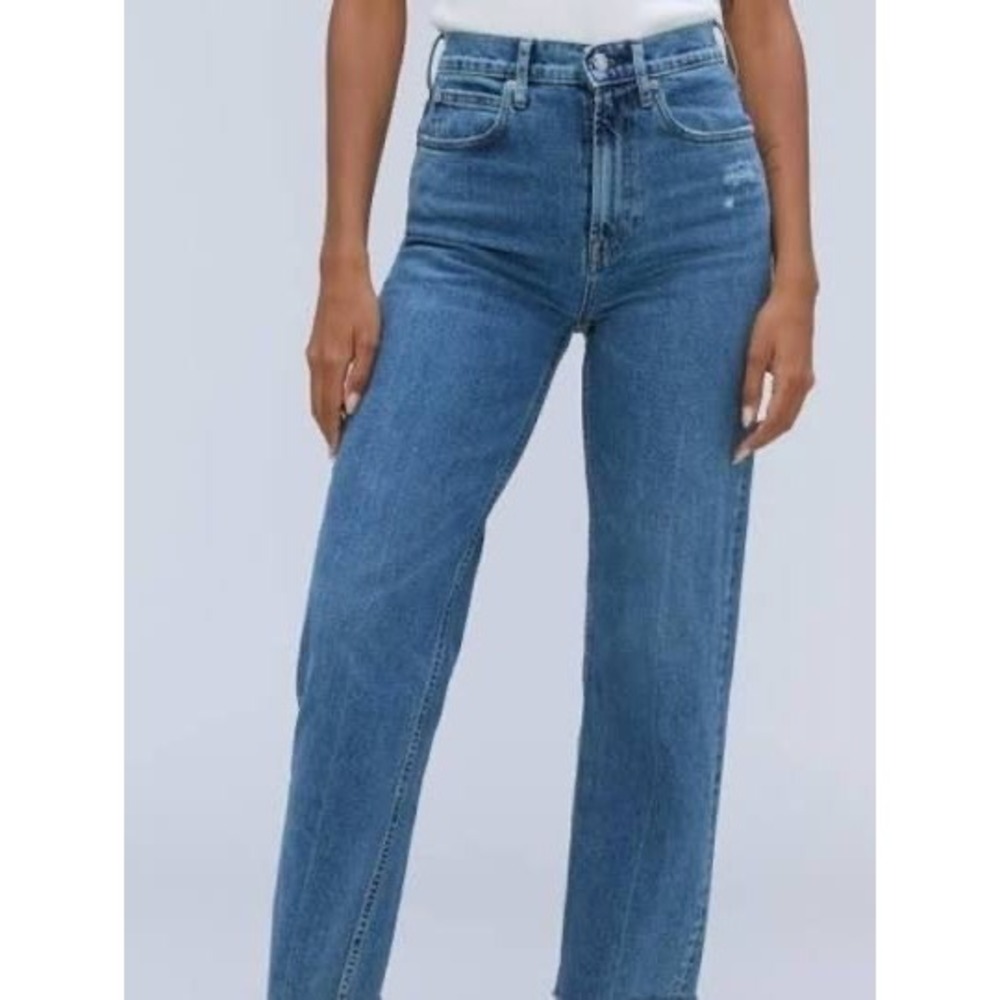 Everlane NWT The Way High Jean Blue Straight Leg Raw Hem Organic Denim 33
